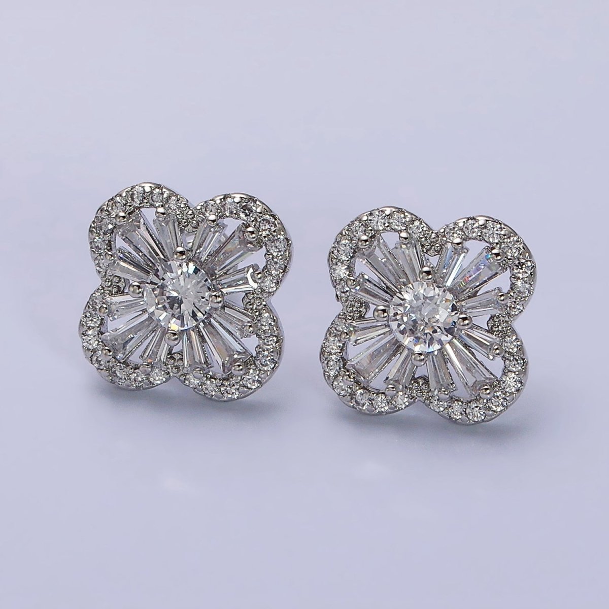 16K Gold Filled Clover Quatrefoil Baguette Micro Paved CZ Stud Earrings in Gold &amp; Silver | AD1181 AD1182
