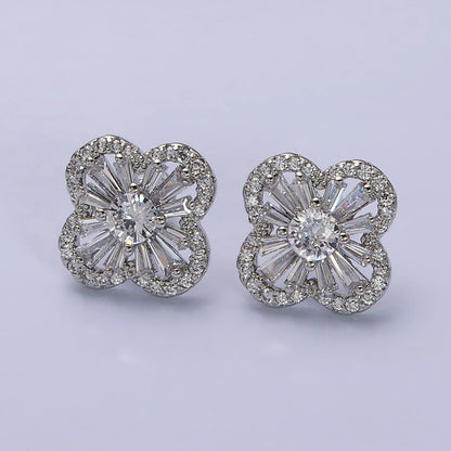 16K Gold Filled Clover Quatrefoil Baguette Micro Paved CZ Stud Earrings in Gold &amp; Silver | AD1181 AD1182