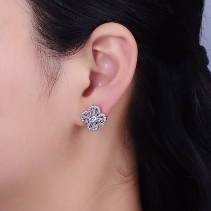 16K Gold Filled Clover Quatrefoil Baguette Micro Paved CZ Stud Earrings in Gold &amp; Silver | AD1181 AD1182