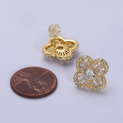 16K Gold Filled Clover Quatrefoil Baguette Micro Paved CZ Stud Earrings in Gold &amp; Silver | AD1181 AD1182