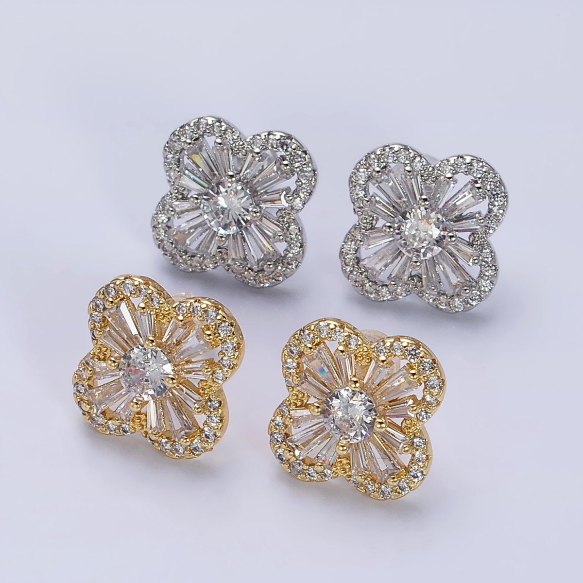 16K Gold Filled Clover Quatrefoil Baguette Micro Paved CZ Stud Earrings in Gold &amp; Silver | AD1181 AD1182