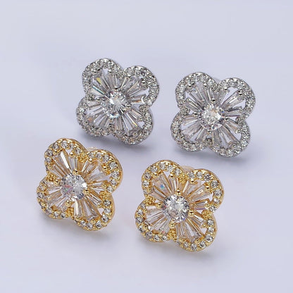 16K Gold Filled Clover Quatrefoil Baguette Micro Paved CZ Stud Earrings in Gold &amp; Silver | AD1181 AD1182