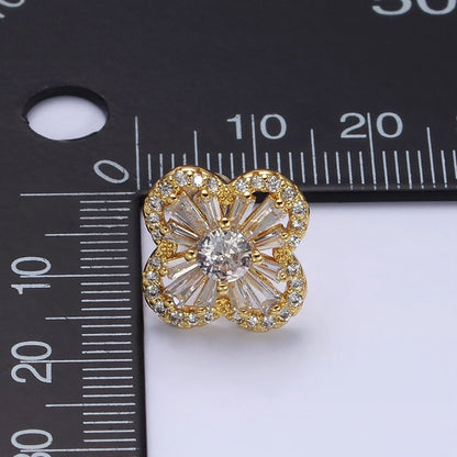 16K Gold Filled Clover Quatrefoil Baguette Micro Paved CZ Stud Earrings in Gold &amp; Silver | AD1181 AD1182