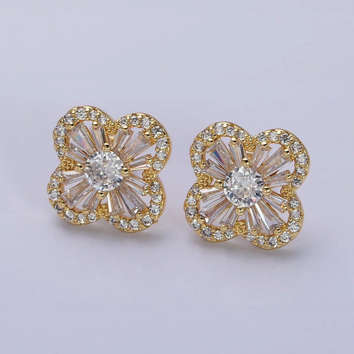 16K Gold Filled Clover Quatrefoil Baguette Micro Paved CZ Stud Earrings in Gold &amp; Silver | AD1181 AD1182