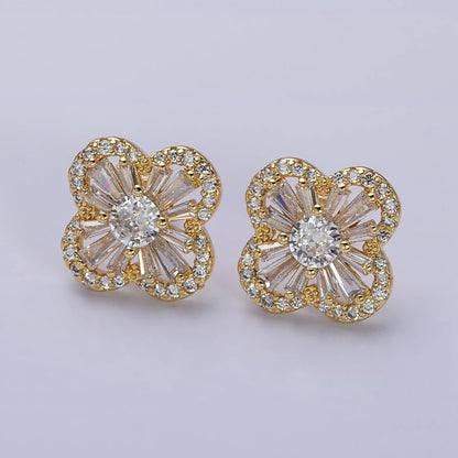 16K Gold Filled Clover Quatrefoil Baguette Micro Paved CZ Stud Earrings in Gold &amp; Silver | AD1181 AD1182
