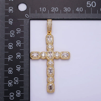 16K Gold Filled Cross Religious Clear Baguette Round CZ Micro Paved Pendant in Gold &amp; Silver | AA-503 AA-504