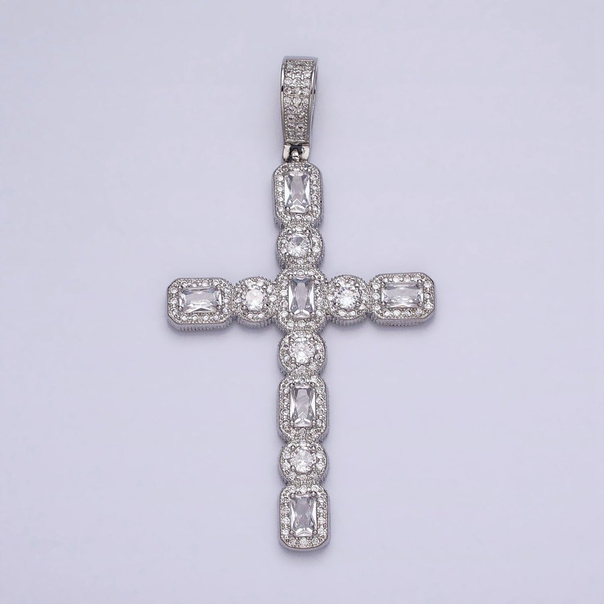 16K Gold Filled Cross Religious Clear Baguette Round CZ Micro Paved Pendant in Gold &amp; Silver | AA-503 AA-504