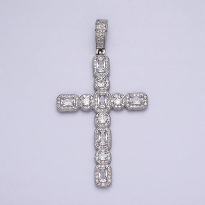 16K Gold Filled Cross Religious Clear Baguette Round CZ Micro Paved Pendant in Gold &amp; Silver | AA-503 AA-504