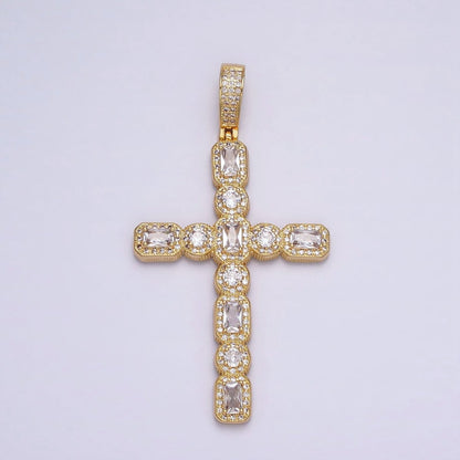 16K Gold Filled Cross Religious Clear Baguette Round CZ Micro Paved Pendant in Gold &amp; Silver | AA-503 AA-504