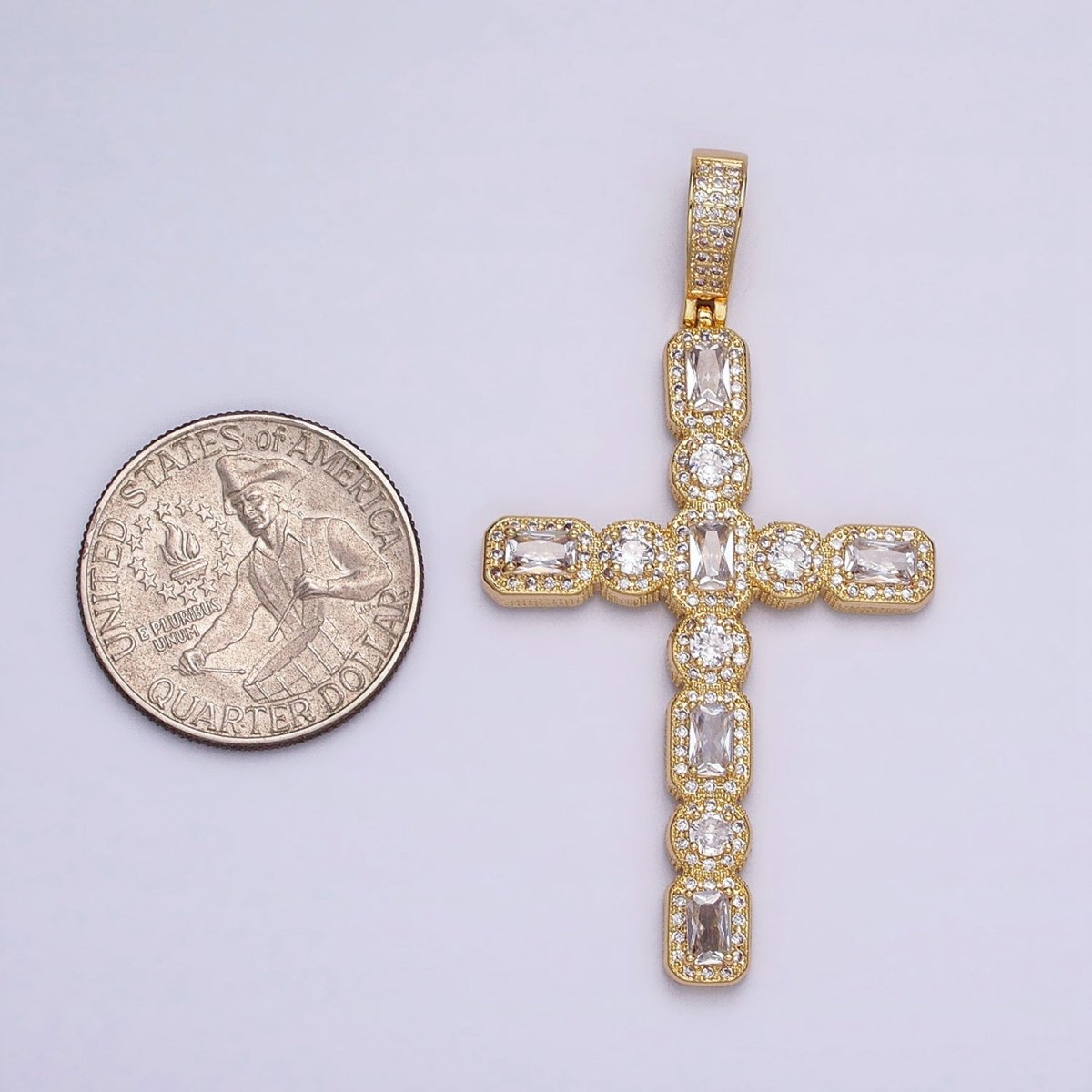 16K Gold Filled Cross Religious Clear Baguette Round CZ Micro Paved Pendant in Gold &amp; Silver | AA-503 AA-504