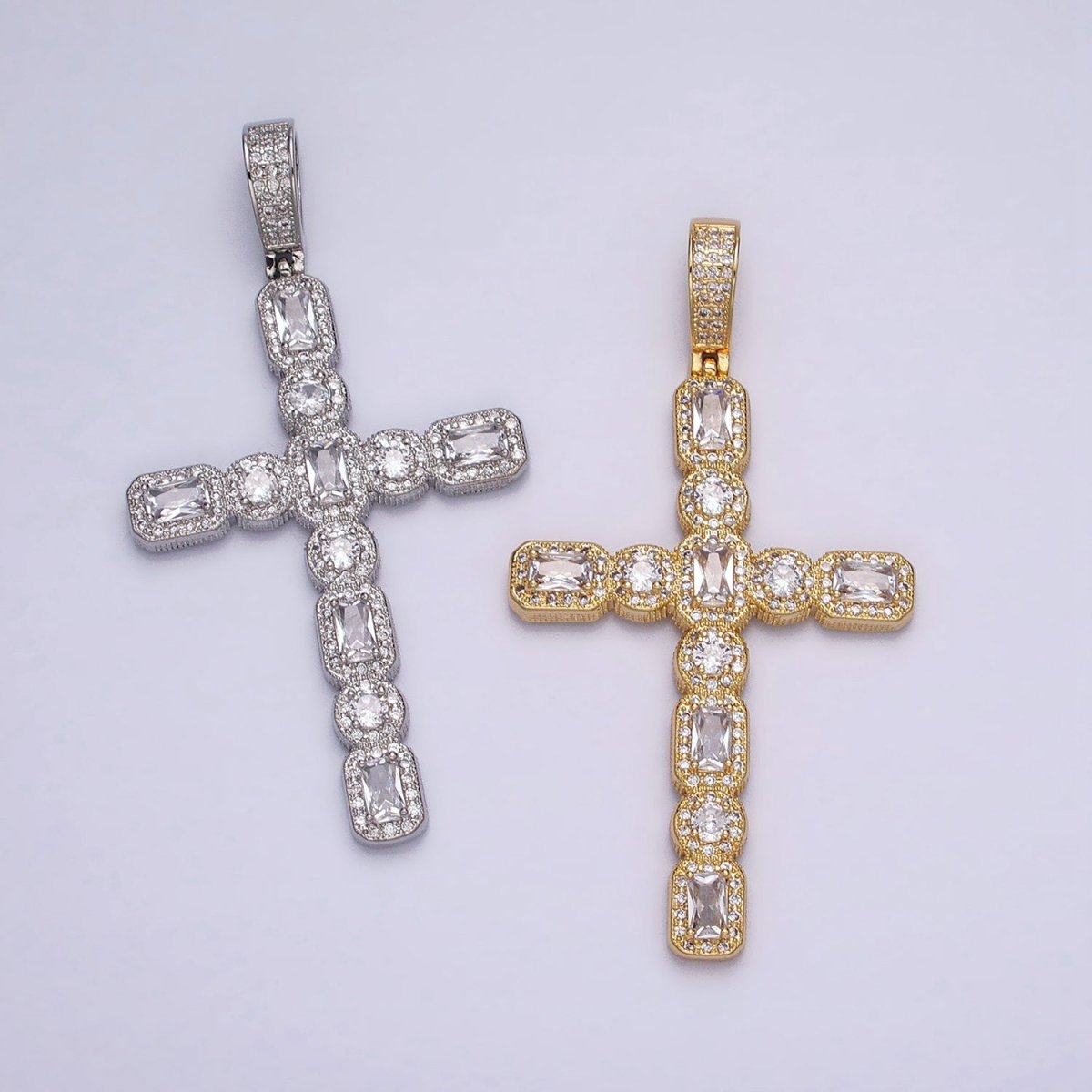 16K Gold Filled Cross Religious Clear Baguette Round CZ Micro Paved Pendant in Gold &amp; Silver | AA-503 AA-504