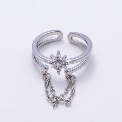 16K Gold Filled CZ Celestial North Star Cable Chain Drop Double Band Ring in Gold &amp; Silver | Rings-00304 Rings-00305