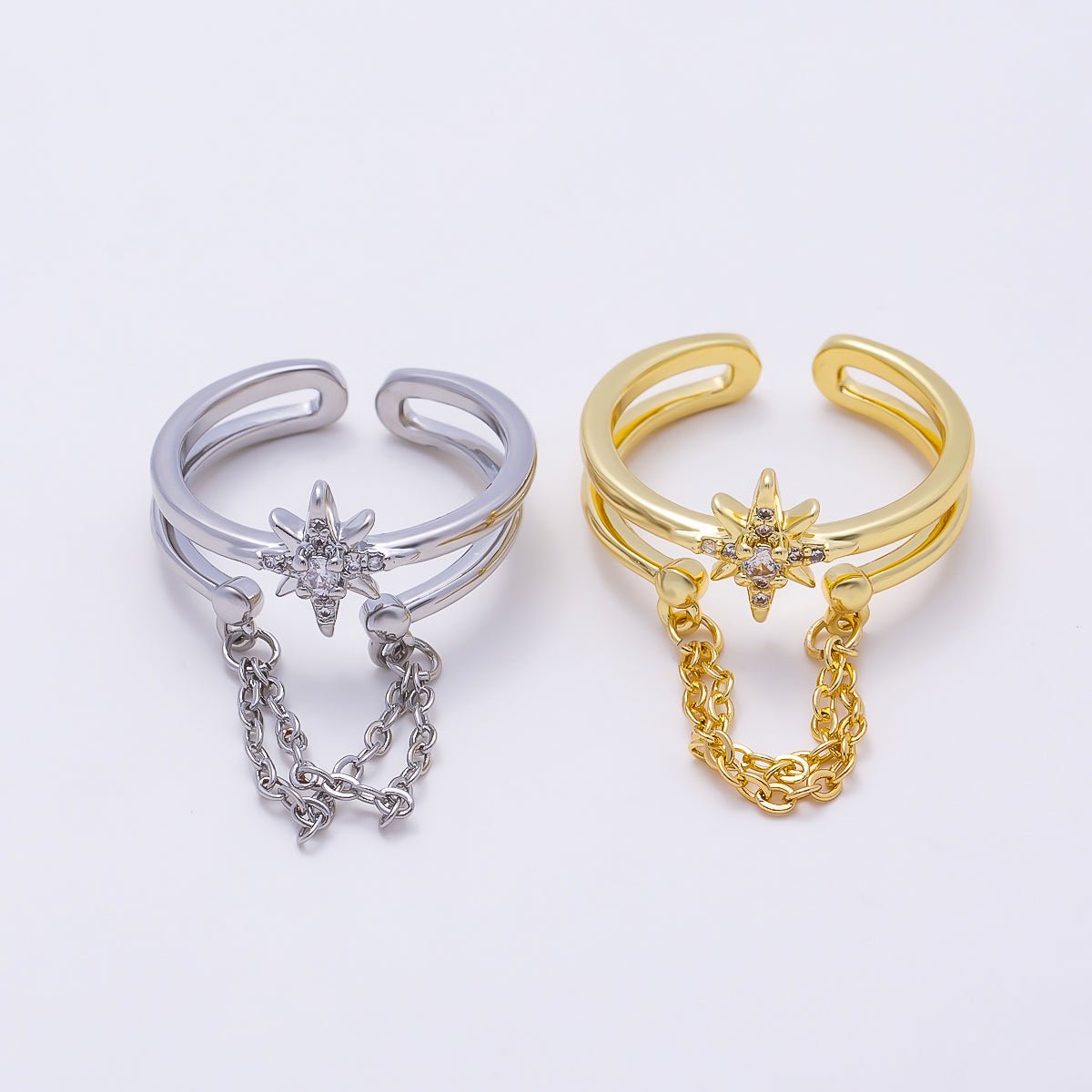 16K Gold Filled CZ Celestial North Star Cable Chain Drop Double Band Ring in Gold &amp; Silver | Rings-00304 Rings-00305