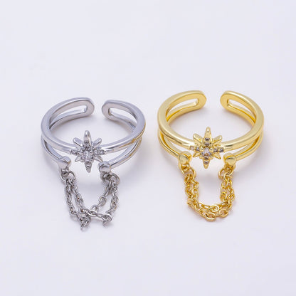 16K Gold Filled CZ Celestial North Star Cable Chain Drop Double Band Ring in Gold &amp; Silver | Rings-00304 Rings-00305