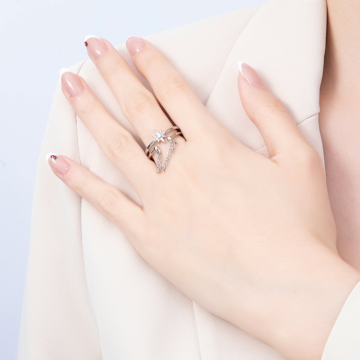16K Gold Filled CZ Celestial North Star Cable Chain Drop Double Band Ring in Gold &amp; Silver | Rings-00304 Rings-00305