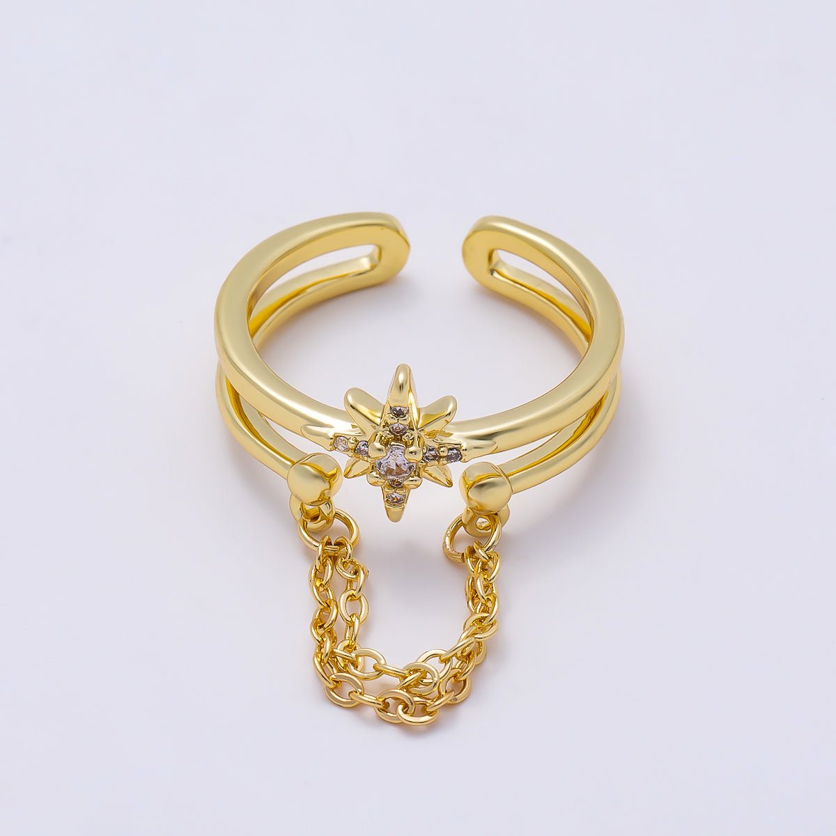 16K Gold Filled CZ Celestial North Star Cable Chain Drop Double Band Ring in Gold &amp; Silver | Rings-00304 Rings-00305