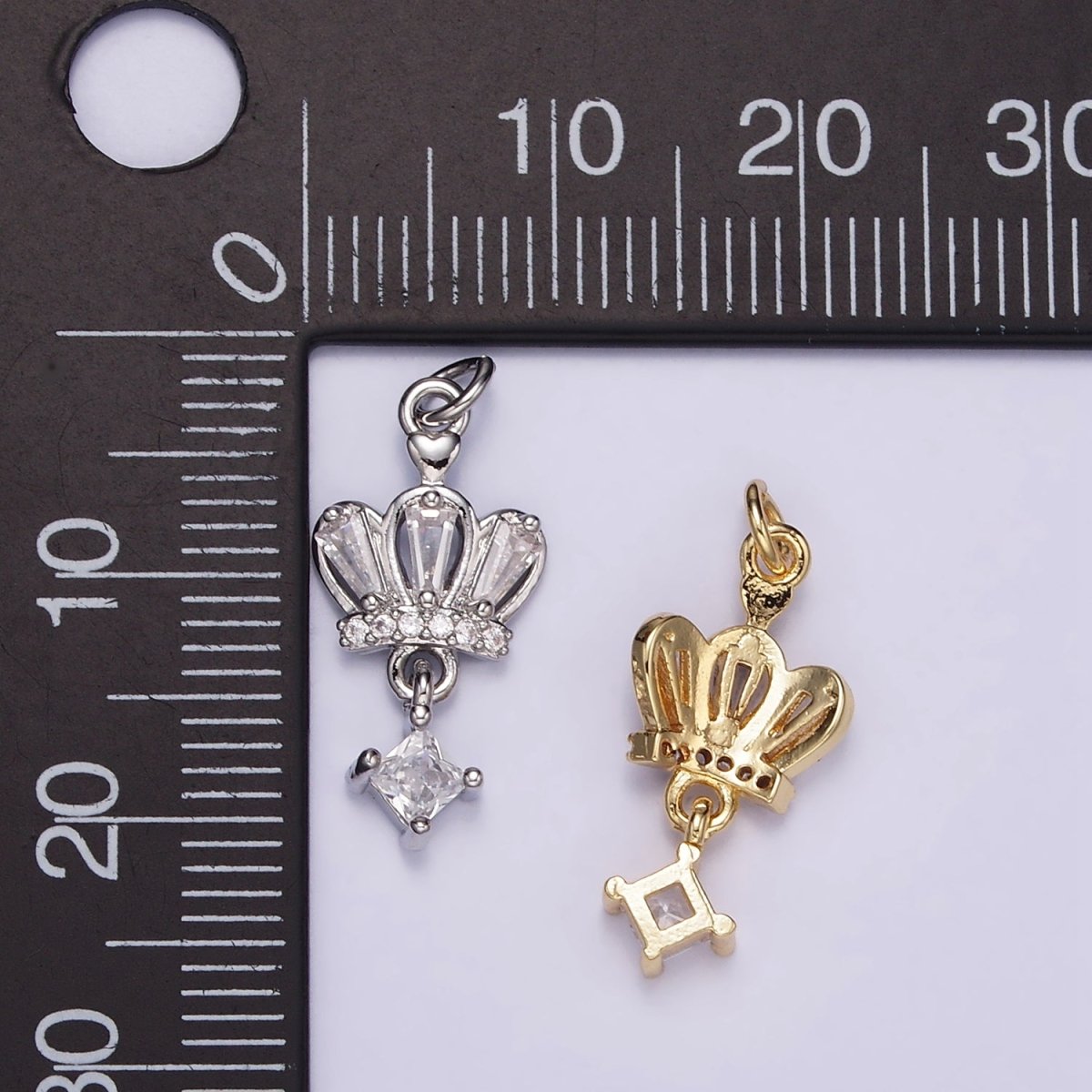16K Gold Filled 20mm Micro Paved CZ Rhombus Baguette Drop Crown Charm in Gold &amp; Silver | M114
