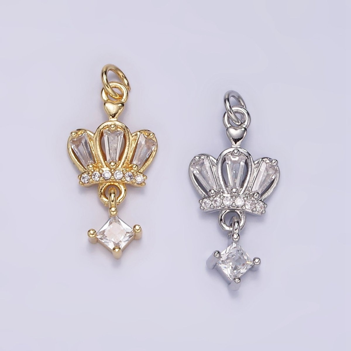 16K Gold Filled 20mm Micro Paved CZ Rhombus Baguette Drop Crown Charm in Gold &amp; Silver | M114