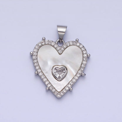 16K Gold Filled CZ Shell Pearl Micro Paved Heart Dotted Outline Pendant in Gold &amp; Silver | AA165 AA166