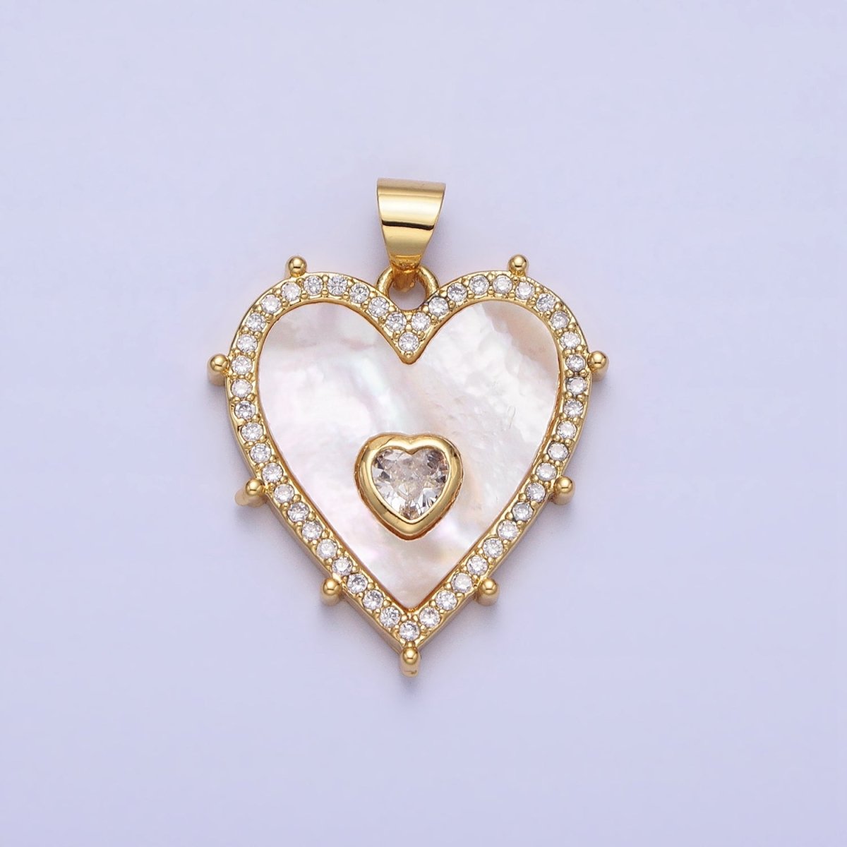 16K Gold Filled CZ Shell Pearl Micro Paved Heart Dotted Outline Pendant in Gold &amp; Silver | AA165 AA166