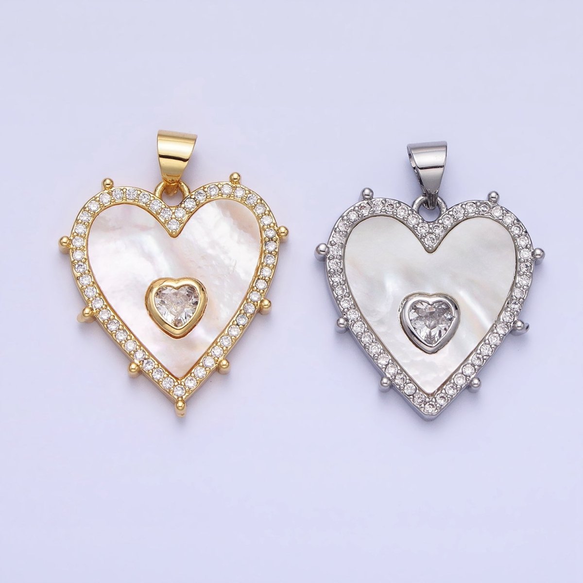 16K Gold Filled CZ Shell Pearl Micro Paved Heart Dotted Outline Pendant in Gold &amp; Silver | AA165 AA166