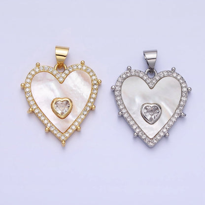 16K Gold Filled CZ Shell Pearl Micro Paved Heart Dotted Outline Pendant in Gold &amp; Silver | AA165 AA166