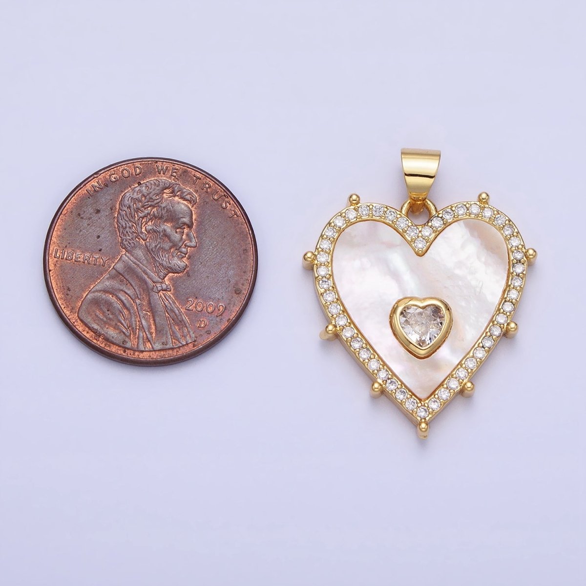 16K Gold Filled CZ Shell Pearl Micro Paved Heart Dotted Outline Pendant in Gold &amp; Silver | AA165 AA166