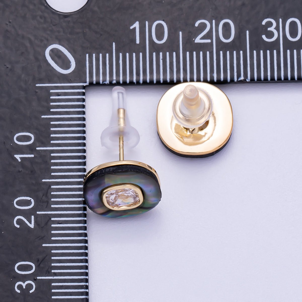 16K Gold Filled Clear CZ Abalone Pearl Double Round Stud Earrings | Earrings-00303