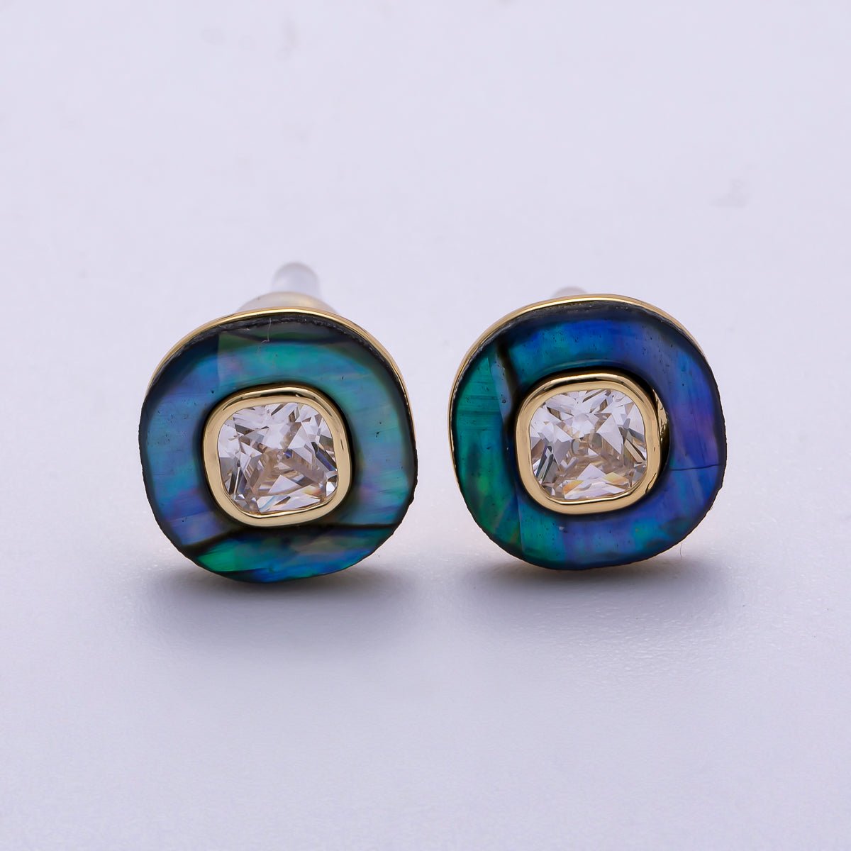 16K Gold Filled Clear CZ Abalone Pearl Double Round Stud Earrings | Earrings-00303