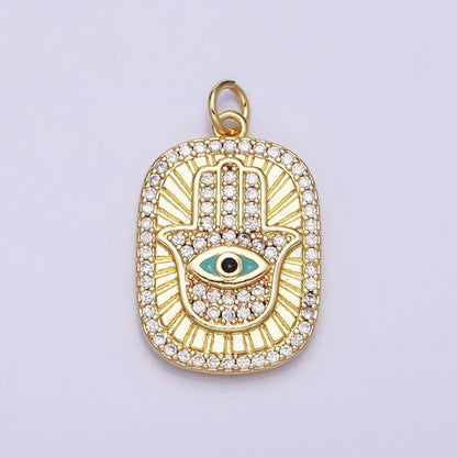 16K Gold Filled Double Sided Micro Paved CZ Hamsa Hand Evil Eye Turquoise Enamel Tag Charm | AC953