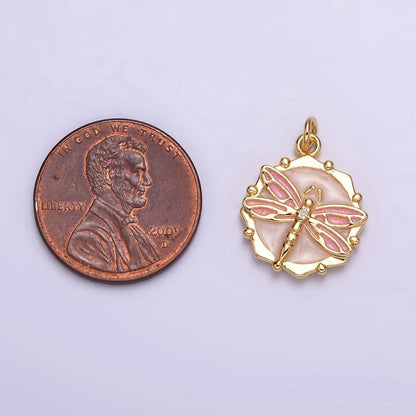 16K Gold Filled Dragonfly Insect White, Pink, Blue Sparkly Enamel Hexagonal Charm | AC1555 - AC1560