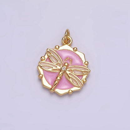 16K Gold Filled Dragonfly Insect White, Pink, Blue Sparkly Enamel Hexagonal Charm | AC1555 - AC1560