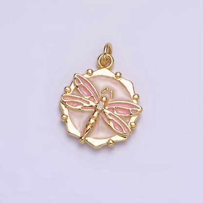 16K Gold Filled Dragonfly Insect White, Pink, Blue Sparkly Enamel Hexagonal Charm | AC1555 - AC1560