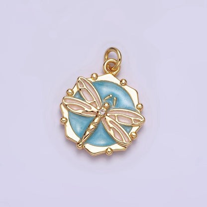 16K Gold Filled Dragonfly Insect White, Pink, Blue Sparkly Enamel Hexagonal Charm | AC1555 - AC1560
