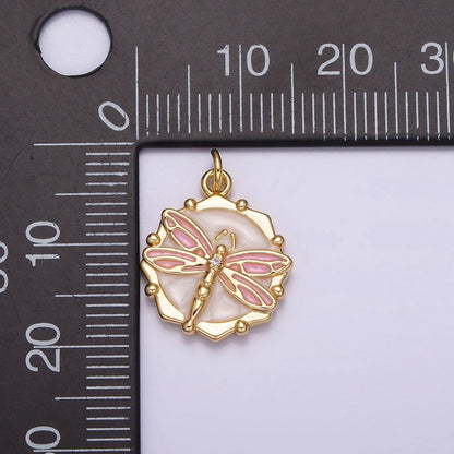 16K Gold Filled Dragonfly Insect White, Pink, Blue Sparkly Enamel Hexagonal Charm | AC1555 - AC1560