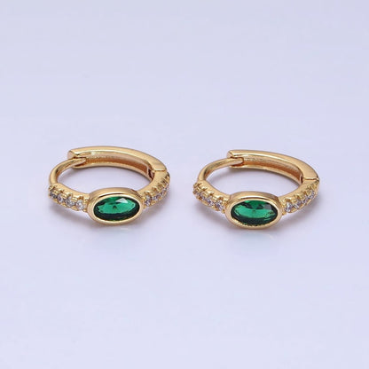 16K Gold Filled Emerald Green Oval Micro Paved CZ 13mm Huggie Earring in Gold &amp; Silver | AD865 AD866