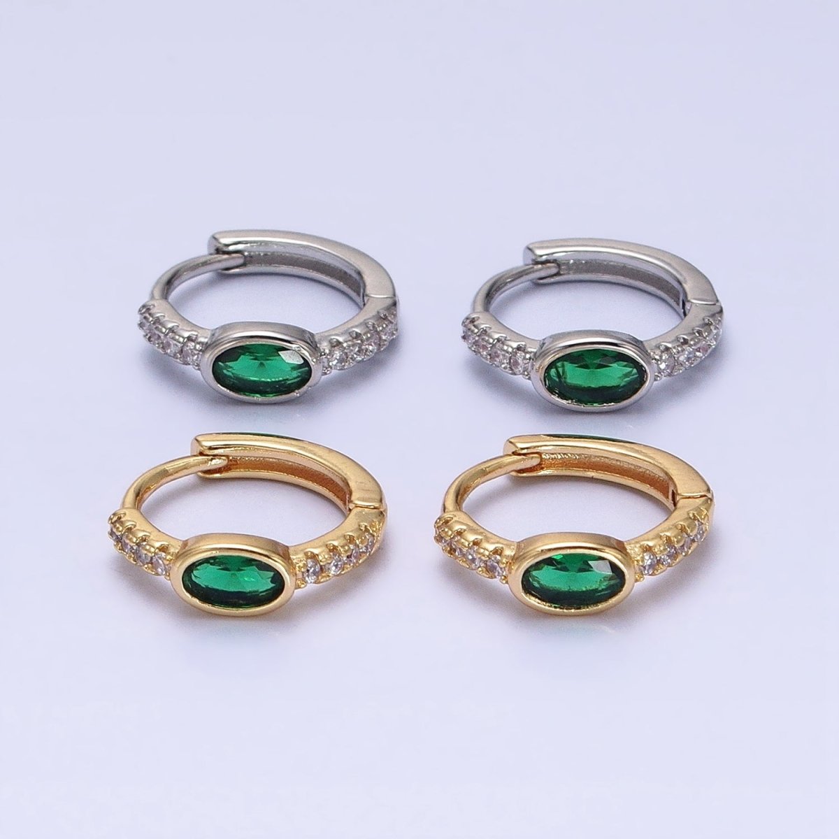 16K Gold Filled Emerald Green Oval Micro Paved CZ 13mm Huggie Earring in Gold &amp; Silver | AD865 AD866