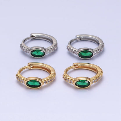 16K Gold Filled Emerald Green Oval Micro Paved CZ 13mm Huggie Earring in Gold &amp; Silver | AD865 AD866