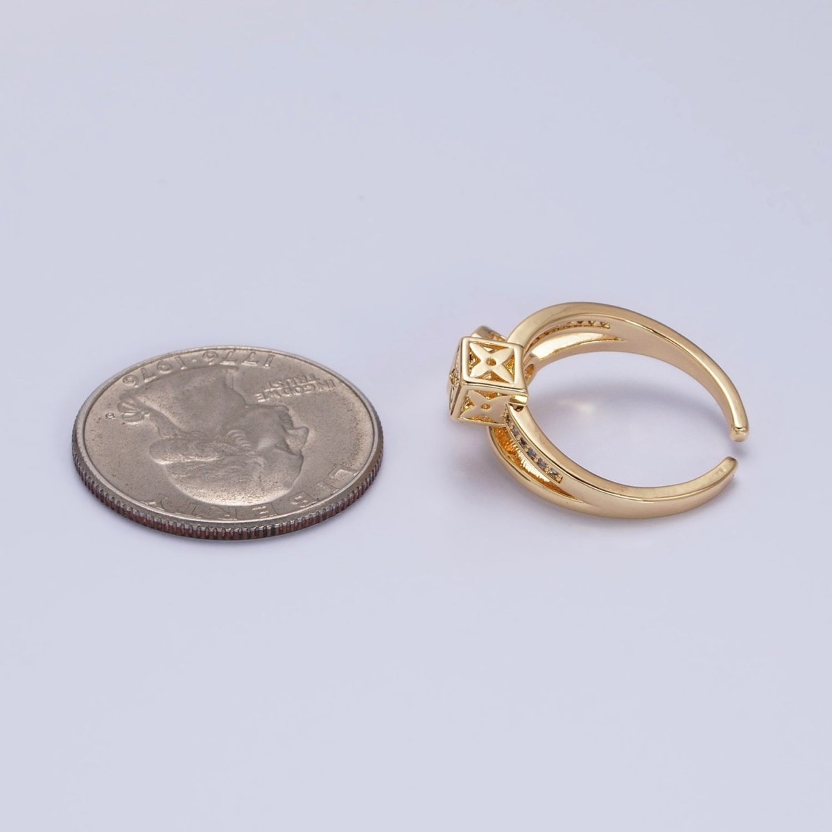 16K Gold Filled Flower Clover Quatrefoil Bead Double Band Micro Paved CZ Ring in Gold &amp; Silver | O-1615 O-1616
