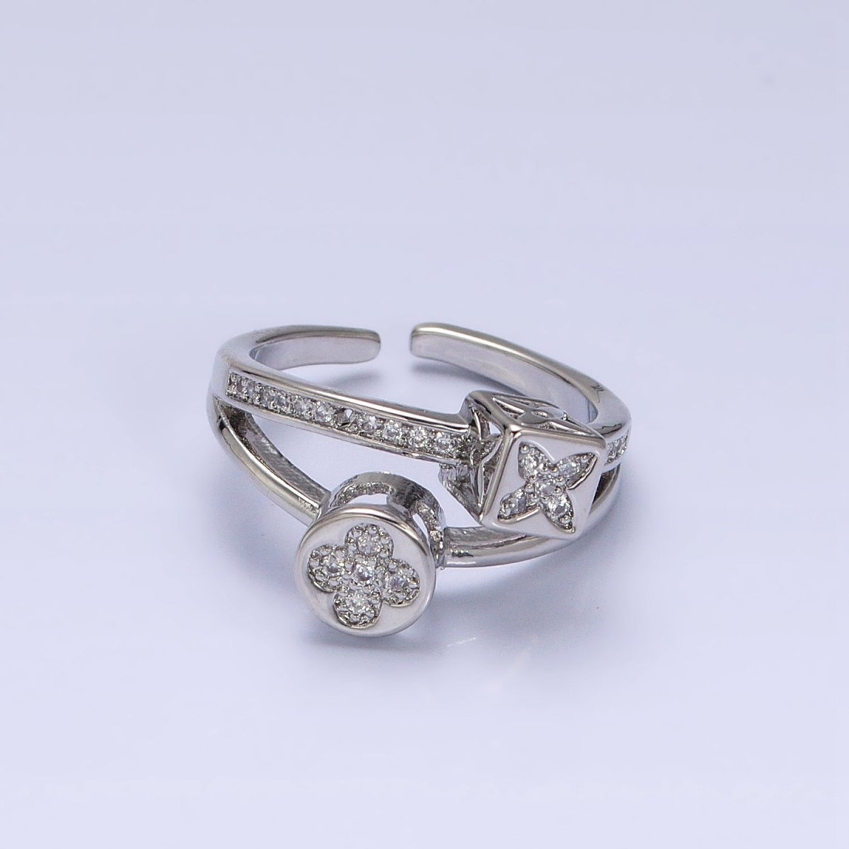 16K Gold Filled Flower Clover Quatrefoil Bead Double Band Micro Paved CZ Ring in Gold &amp; Silver | O-1615 O-1616