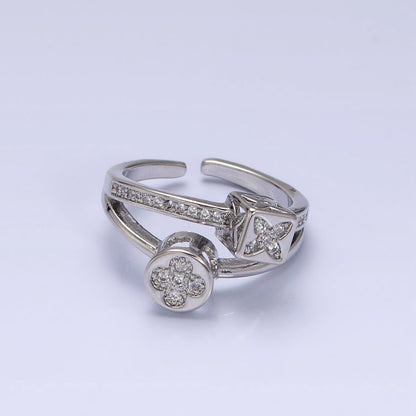 16K Gold Filled Flower Clover Quatrefoil Bead Double Band Micro Paved CZ Ring in Gold &amp; Silver | O-1615 O-1616