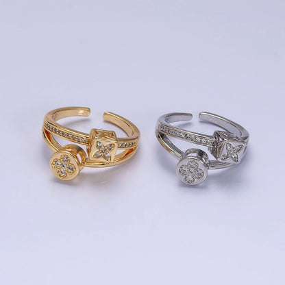 16K Gold Filled Flower Clover Quatrefoil Bead Double Band Micro Paved CZ Ring in Gold &amp; Silver | O-1615 O-1616