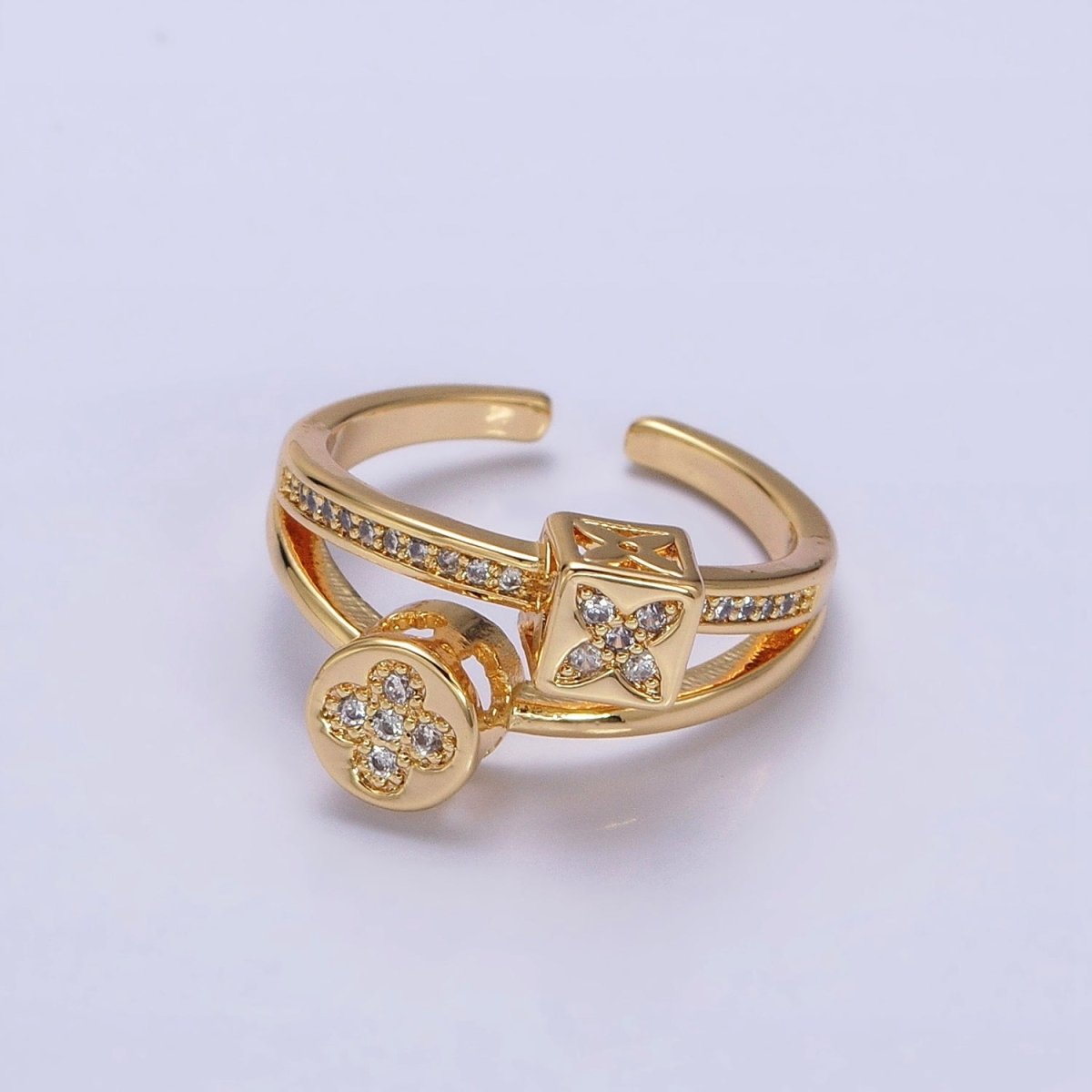 16K Gold Filled Flower Clover Quatrefoil Bead Double Band Micro Paved CZ Ring in Gold &amp; Silver | O-1615 O-1616