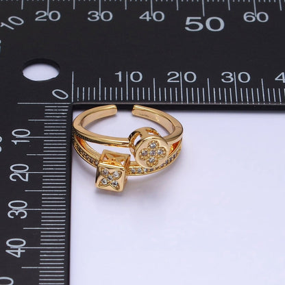 16K Gold Filled Flower Clover Quatrefoil Bead Double Band Micro Paved CZ Ring in Gold &amp; Silver | O-1615 O-1616