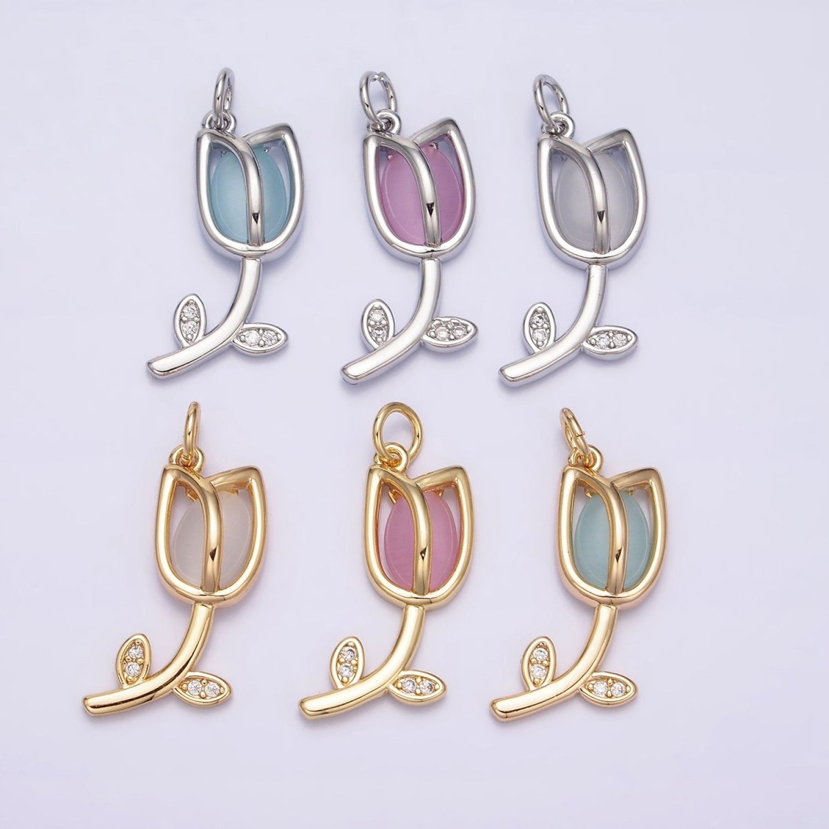 16K Gold Filled Flower Tulip Rose White, Blue, Pink Cat Eye Cabochon Charm in Gold &amp; Silver | AC1073 - AC1078