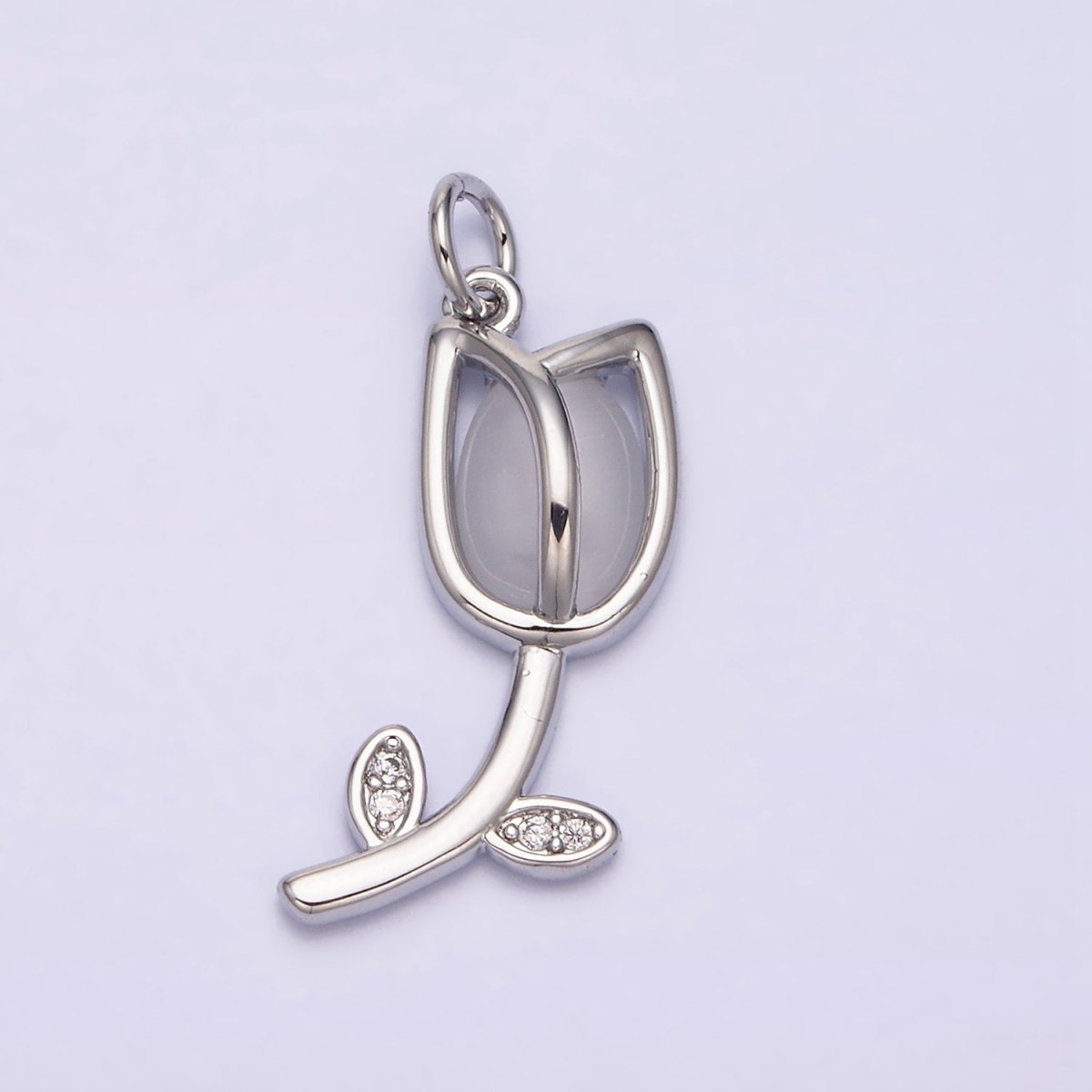 16K Gold Filled Flower Tulip Rose White, Blue, Pink Cat Eye Cabochon Charm in Gold &amp; Silver | AC1073 - AC1078
