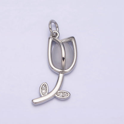 16K Gold Filled Flower Tulip Rose White, Blue, Pink Cat Eye Cabochon Charm in Gold &amp; Silver | AC1073 - AC1078