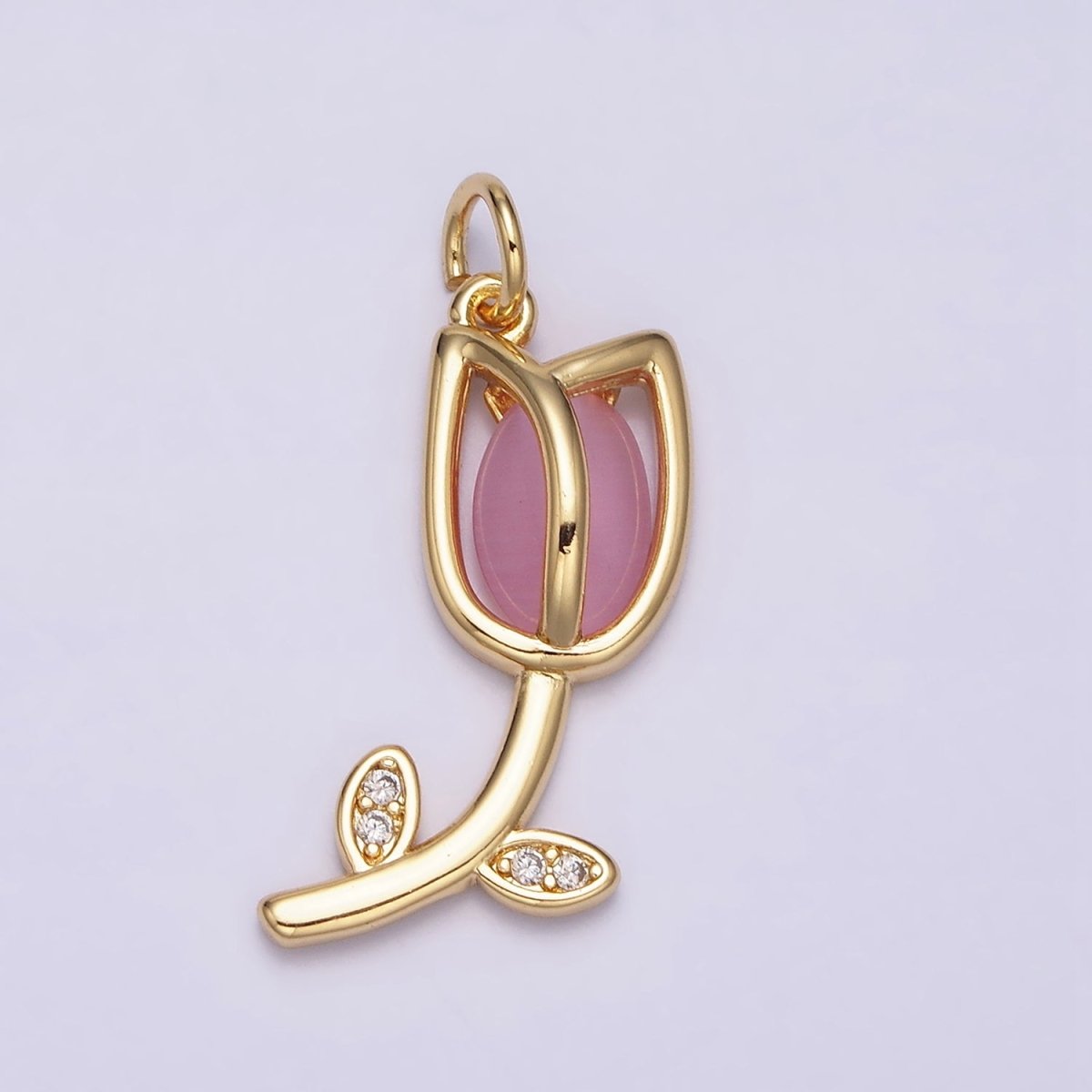 16K Gold Filled Flower Tulip Rose White, Blue, Pink Cat Eye Cabochon Charm in Gold &amp; Silver | AC1073 - AC1078