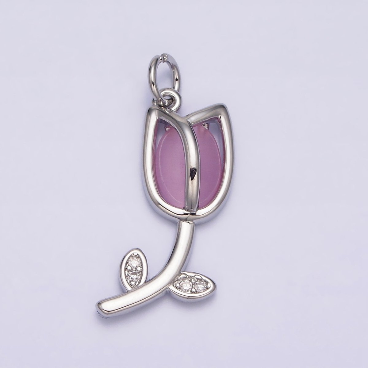 16K Gold Filled Flower Tulip Rose White, Blue, Pink Cat Eye Cabochon Charm in Gold &amp; Silver | AC1073 - AC1078