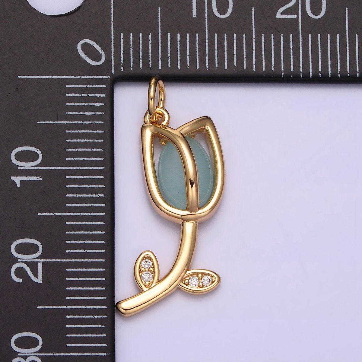16K Gold Filled Flower Tulip Rose White, Blue, Pink Cat Eye Cabochon Charm in Gold &amp; Silver | AC1073 - AC1078